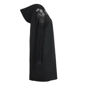 Detail of floral lace patchwork on sleeves of black hooded long-sleeve dress