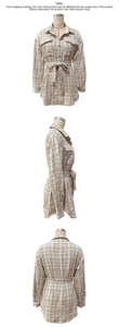 Detailed views of women's cream tweed plaid jacket with pearl buttons and waist belt
