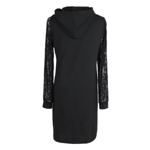 Back view of black hooded sweater dress featuring elegant lace patchwork sleeves