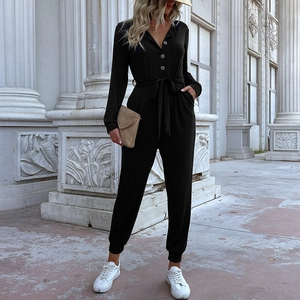 Tuta Donna Manica Lunga Casual Scollo a V Bottoni Cintura da Annodare Tasche Polsini Tinta Unita Sportiva Moda Pagliaccetto Intero