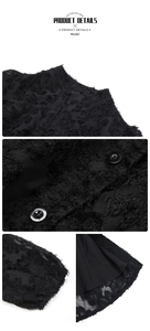 Detail of black jacquard dress featuring textured feather fabric and elegant stand collar