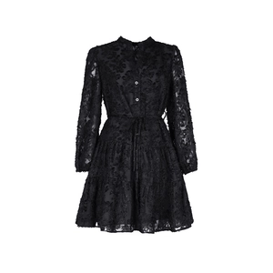 Detail of black long-sleeve dress featuring 3D floral lace embroidery and buttoned collar