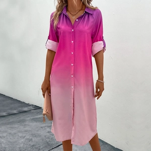 Abito a Camicia da Donna Casual Sfumato a Maniche Lunghe con Revers Monopetto Abito Midi Moda Largo Vacanza Festa