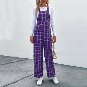 Tuta Intera Vintage a Quadri Viola Con Bretelle Da Donna In Poliestere Salopette Gamba Lariga Moda Casual Pantaloni Lunghi Gingham