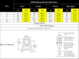 Size chart for ruffle long sleeve shirt showing chest, length, and shoulder measurements