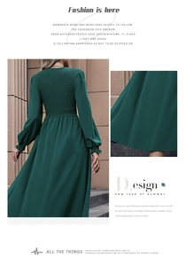 Detail of smocked back and ruffled lantern sleeves on dark green A-line dress