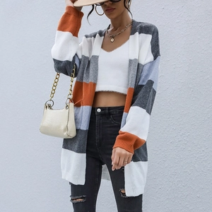 Gilet en Maille Rayé Décontracté pour Femmes Mi-Long Bloc de Couleur Manches Longues Ouvert Devant Automne Hiver Tricots