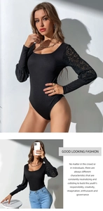 Close-up of square neck bodysuit with intricate lace long sleeves and slim fit design