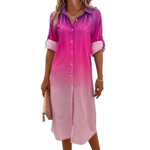 Abito a camicia sfumato da viola a rosa per donna con colletto a rever e maniche lunghe