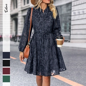 Women Long Sleeve Jacquard Tiered Mini Dress Stand Collar Lace See-Through Elegant Button Front Waist Tie Fashion Dress