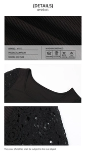 Detail view of ribbed fabric texture and floral lace stitching on black bodysuit
