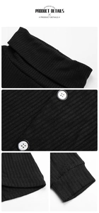 Close-up of ribbed knit texture, button collar, and cuff details on a black top