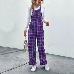 Salopette casual da donna a quadri viola con gamba larga e motivo a scacchi alla moda