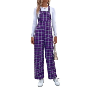 Salopette da donna a quadri viola con spalline regolabili e design casual a gamba larga