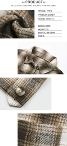 Détails d'une veste en laine à carreaux vintage montrant la texture et les boutons
