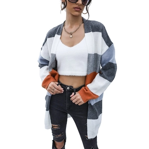 Gilet en maille rayé color-block pour femme cardigan long à manches longues gris et bleu