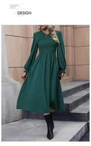 Detail of emerald green dress featuring smocked bodice and lantern sleeves design