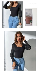 Detail of square neck bodysuit with elegant black lace long sleeves and slim fit design