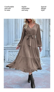 Detail of V-neck tiered maxi dress with waist tie and button front in coffee brown