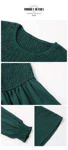 Detailed close-up of smocking texture and elastic cuffs on dark green A-line dress