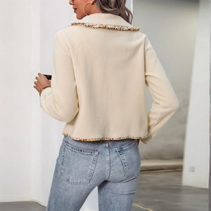 Women's cream long-sleeve jacket with floral ruffle trim and casual back view style