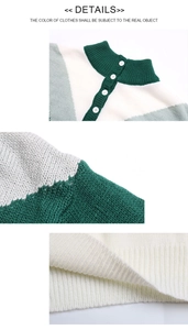 Detailed views of the high collar knit sweater featuring contrast color stitching and buttons