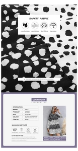 Detail der Polka-Dot-Stoffstruktur mit Pflegehinweisen und Sizing-Informationen