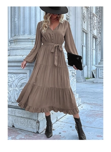 Detail of V-neck long-sleeve dress with button closure and tiered skirt hem in coffee brown