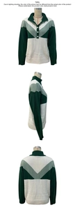 Detailed views of color block knit sweater with three buttons and ribbed collar
