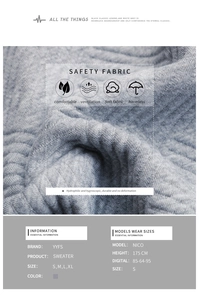 Macro texture of gray knitted sweater fabric with S-XL size info and tech specs
