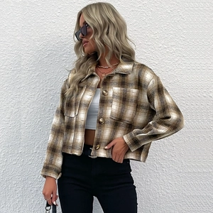 Veste vintage en laine à carreaux pour femmes avec poches à rabat, marron et blanc