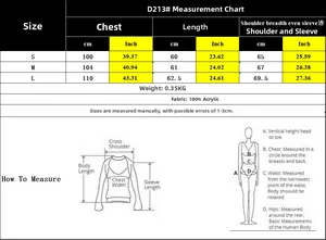 Detailed size chart for women's hooded color-block sweater with acrylic fabric info