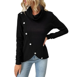 Women's black rib-knit long sleeve top with turtleneck and asymmetric button hem