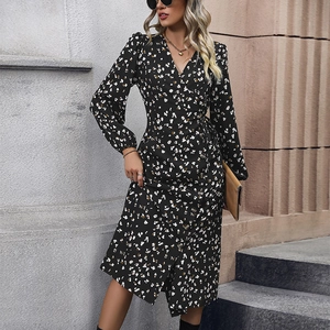 Abito Midi da Donna Elegante a Maniche Lunghe con Scollo a V e Stampa Floreale con Lacci in Vita e Bottoni Moda Autunno