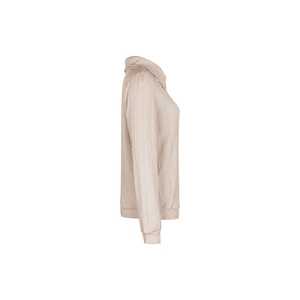 Detailed close-up of textured long sleeve sweatshirt with polo collar and ribbed cuffs