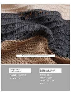 Detail of color-block knit sweater in cream, gray, and brown with striped hollow texture