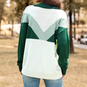 Women's color block knit sweater with V-pattern geometric patchwork design
