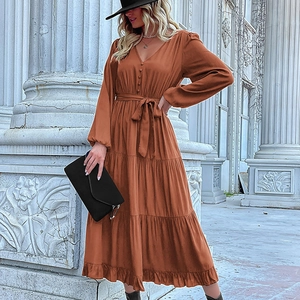 Women's Elegant V-Neck Long Sleeve Tiered Maxi Dress With Tie Waist Bohemian Solid Color Ruffle Hem Single Breasted Long Dress