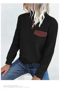 Detail of waffle knit texture and contrast button placket on black women sweatshirt