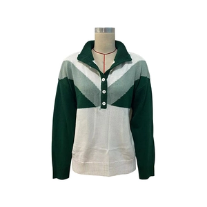 Women's color block knit sweater with V-pattern, polo collar and half-button placket
