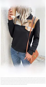 Detail of long sleeve sweatshirt featuring geometric texture and yellow plaid patchwork