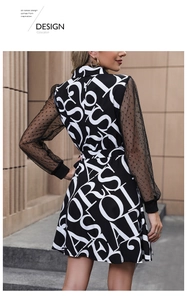 Detail of mesh sleeves and letter print on an A-line dress with a classic turn-down collar