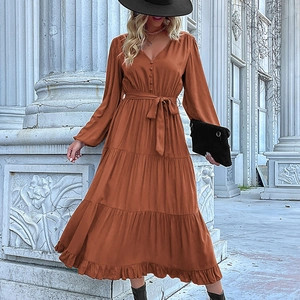 Elegant V-neck long sleeve rust red tiered maxi dress with waist tie and ruffle hem