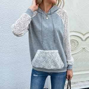 Sweat à Capuche Décontracté pour Femmes Patchwork en Dentelle Ajouré Manches Longues Raglan Pull-over Large Mélange de Coton Top Gris