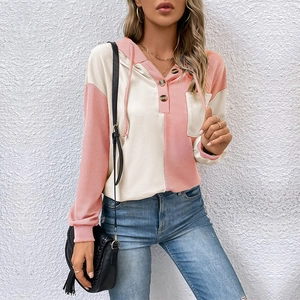 Felpa con Cappuccio da Donna in Maglia a Nido d'Ape Blocco di Colore Casual Manica Lunga Scollo Henley Bottone Con Tasca