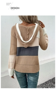 Detailed back view of knit hoodie showing vertical texture and hollow out patchwork design