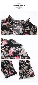 Detail of floral long sleeve dress with ruffled stand collar and elastic cuffs