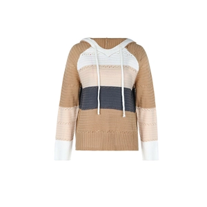 Detailed view of color-block knitted hoodie featuring hollow-out texture and white drawstrings