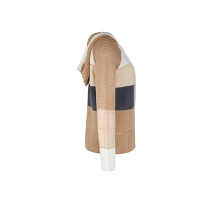 Side view of hooded knit sweater with tricolor stripes and hollow-out detailing
