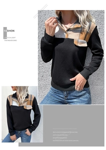 Detail of vintage patchwork sweatshirt with red plaid collar and black quilted texture